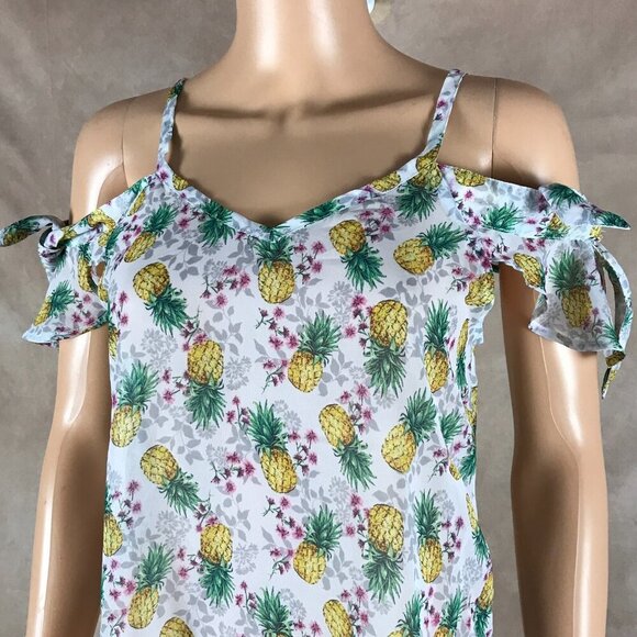 MIKEN SWIM Pineapple Print Cold-Shoulder Chiffon Cover-Up Dress NWT XS - Picture 4 of 6